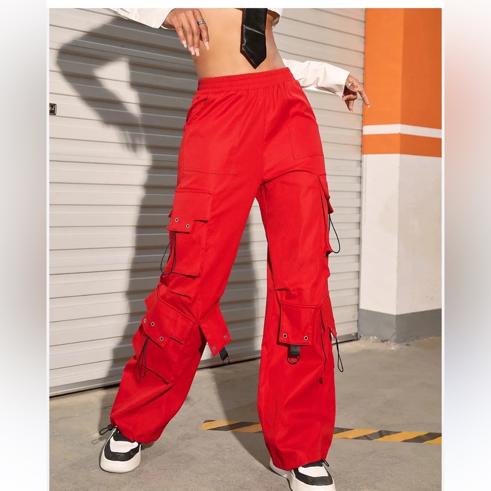 Y2K Style Streetwear Cargo Utility Baggy Drawstring Pants Red